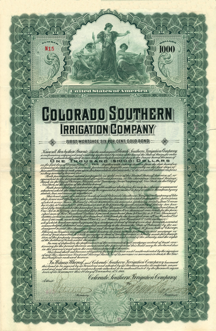 Colorado Southern Irrigation Co. - 1909 dated Colorado Irrigation $1,000 Bond